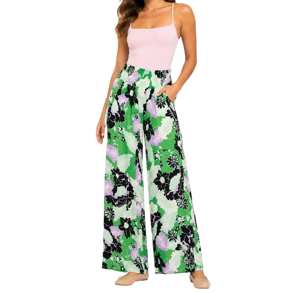 Maeve Anthropologie Wide Leg Pants Women Size S Green Floral Smocked Boho